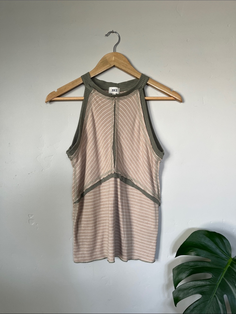BKE | Tan & White Striped Tank with Olive Trim